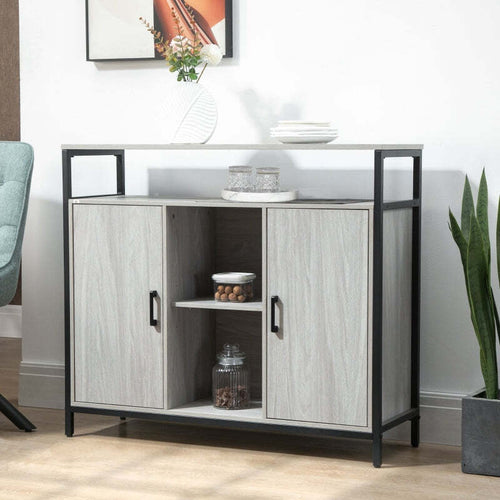 Credenza-Moderna-in-Legno-con-2-Armadietti-e-Ripiani,-Mobile-Cucina-e-per-Ingresso-Grigio-Chiaro,-100x34x87.2cm-F835-675LGA