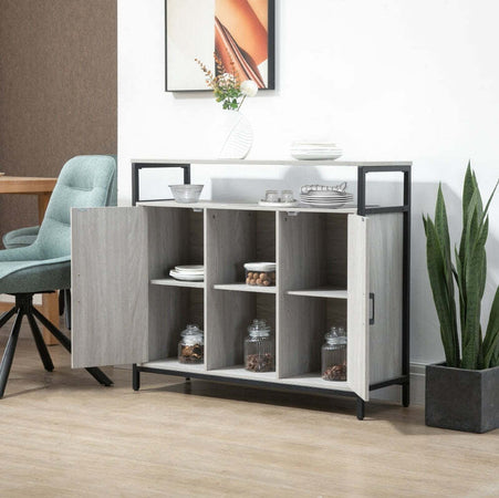 Credenza-Moderna-in-Legno-con-2-Armadietti-e-Ripiani,-Mobile-Cucina-e-per-Ingresso-Grigio-Chiaro,-100x34x87.2cm-F835-675LGA