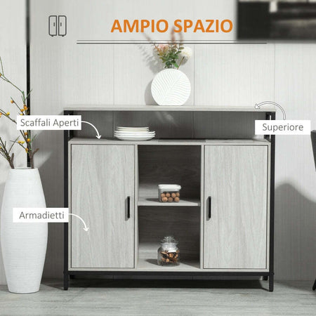 Credenza-Moderna-in-Legno-con-2-Armadietti-e-Ripiani,-Mobile-Cucina-e-per-Ingresso-Grigio-Chiaro,-100x34x87.2cm-F835-675LGA