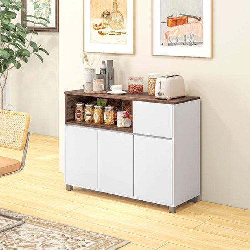 Credenza-Moderna-madia-da-Cucina-in-Legno-con-Armadietti,-Cassetto-e-Vano-Aperto,-105x39x83cm,-Bianco-e-marrone-mobile-multiuso-ufficio-studio-ingresso