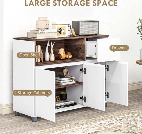 Credenza-Moderna-madia-da-Cucina-in-Legno-con-Armadietti,-Cassetto-e-Vano-Aperto,-105x39x83cm,-Bianco-e-marrone-mobile-multiuso-ufficio-studio-ingresso