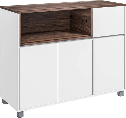 Credenza-Moderna-madia-da-Cucina-in-Legno-con-Armadietti,-Cassetto-e-Vano-Aperto,-105x39x83cm,-Bianco-e-marrone-mobile-multiuso-ufficio-studio-ingresso