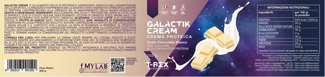 Crema Proteica Senza Zuccheri Spalmabile Galactik 250g Cioccolato Bianco, con Il 24% di Proteine del Siero Latte con Zero Zuccheri. Senza Olio di Palma - T-rex Integratori Alimentari e cura della casa/Marmellate miele e creme spalmabili/Creme e cioccolati spalmabili MyLab Nutrition - Roma, Commerciovirtuoso.it