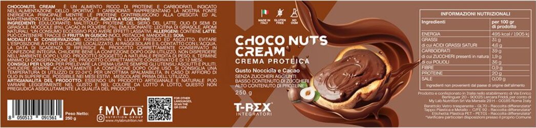 Crema Proteica Spalmabile Cacao e Nocciola Choconuts Cream 250g, con Il 20% di Proteine del Siero Latte con Zero Zuccheri, Senza Olio Di Palma - T-rex Integratori Alimentari e cura della casa/Marmellate miele e creme spalmabili/Creme e cioccolati spalmabili MyLab Nutrition - Roma, Commerciovirtuoso.it