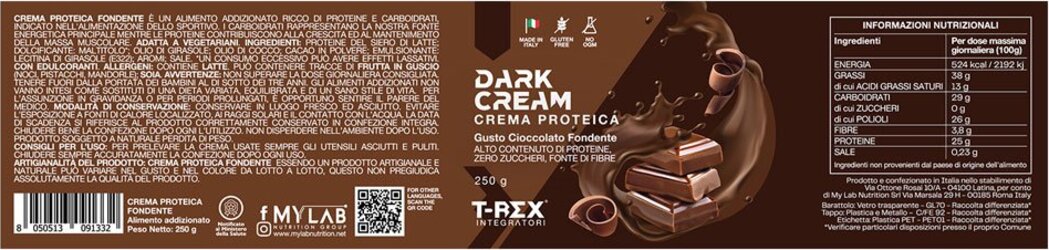 Crema Proteica Spalmabile Dark Cream 250gr Cioccolato Fondente, con 25% di Proteine Siero del Latte con Zero Zuccheri e Senza Olio di Palma T-rex Integratori Alimentari e cura della casa/Marmellate miele e creme spalmabili/Creme e cioccolati spalmabili MyLab Nutrition - Roma, Commerciovirtuoso.it