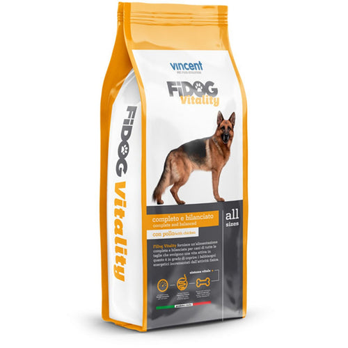 Crocchette Vincent per cani Fidog Vitality 20 kg per cani attivi, a base di carne, verdure e cerali.