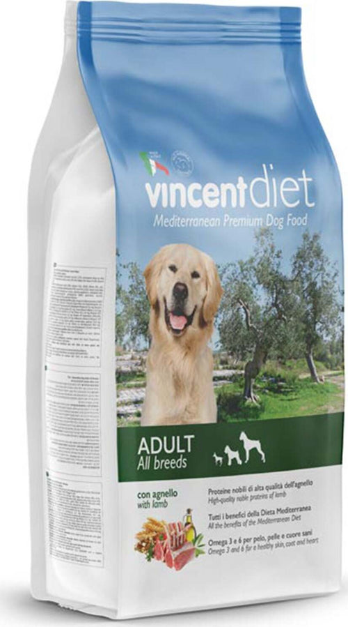 Crocchette-Vincent-Diet,-per-cani-a-pelo-lungo-a-base-di-Agnello,-cereali-e-legumi