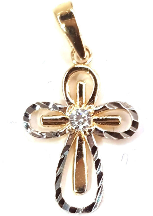 Croce in oro Bianco e Giallo 750/1000 con Brillantino Bianco Centrale Pendente Religioso con Brillante Zircone Incassato