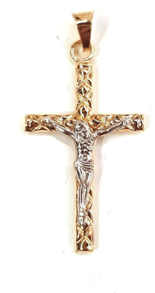 Croce in oro Giallo e Bianco 750/1000 Pendente Religioso con Gesù Cristo in Croce