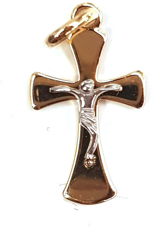 Croce in Oro Giallo e Bianco 750/1000 Pendente Unisex Religioso Croce con Gesù a Contrasto