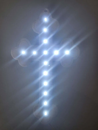 CROCE IN PLEXIGLASS 14 LED LUCE BIANCA CON BORDO EFFETTO GLITTER A BATTERIA