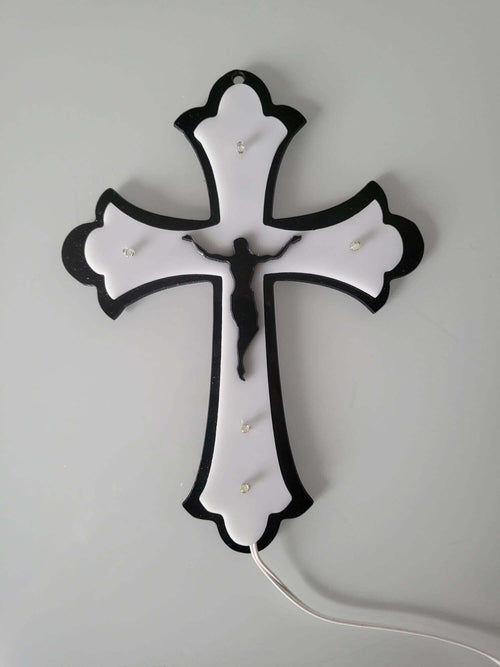 CROCE PLEXIGLASS BICOLORE 5 LED E CRISTO LUCE BIANCA CON BATTERIE