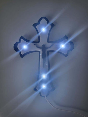 CROCE PLEXIGLASS BICOLORE 5 LED E CRISTO LUCE BIANCA CON BATTERIE