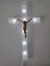 CROCE RIFLESSO IN PLEXIGLASS TRASPARENTE E BIANCO CON CRISTO LUCE LED E BATTERIE