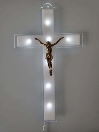 CROCE RIFLESSO IN PLEXIGLASS TRASPARENTE E BIANCO CON CRISTO LUCE LED E BATTERIE