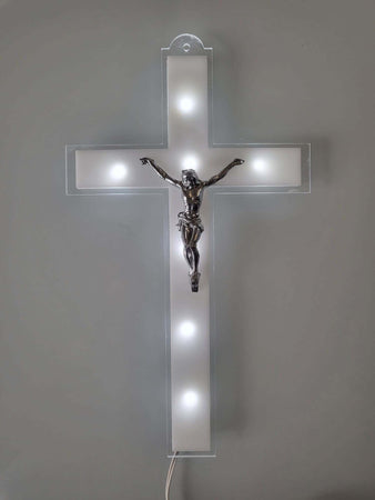 CROCE RIFLESSO IN PLEXIGLASS TRASPARENTE E BIANCO CON CRISTO LUCE LED E BATTERIE