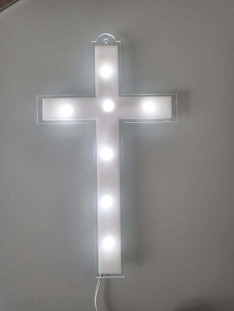 CROCE RIFLESSO IN PLEXIGLASS TRASPARENTE E BIANCO LUCE LED E BATTERIE