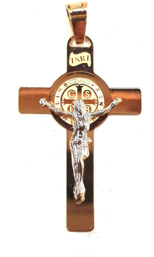 Croce San Benedetto in oro giallo 750/1000 Pendente Religioso con Gesù Cristo a contrasto in Oro Bianco