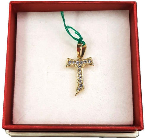 Croce Tao in Oro giallo 18 kt Pendente Collana ,idea ciondolo regalo unisex, Croce, donna,uomo,ragazzo con tormaline incassate