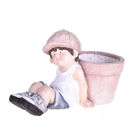 Bambino seduto con vaso in resina decorazione per esterni da h25 cm
