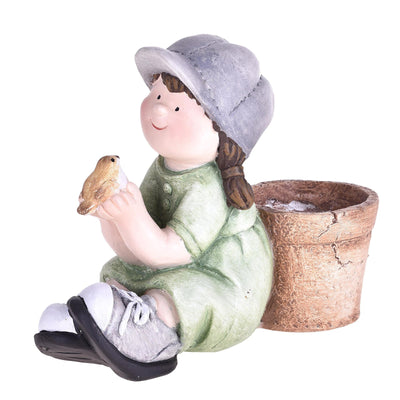 Statuetta di bambina con uccellino decorazione per esterno e giardino da 23 cm