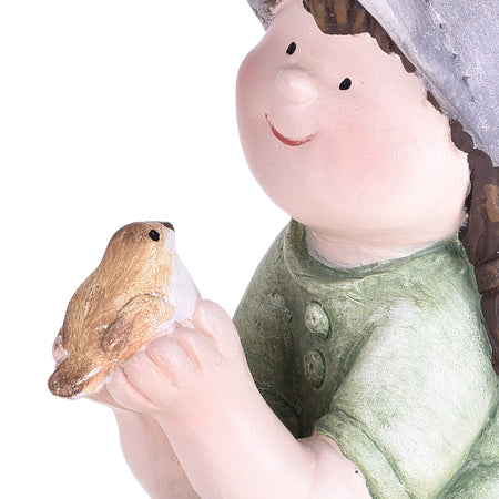 Statuetta di bambina con uccellino decorazione per esterno e giardino da 23 cm