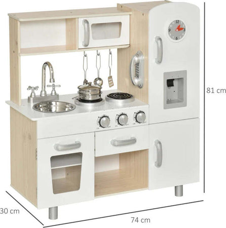 Cucina-Giocattolo-in-Legno-per-Bambini-con-Lavandino-e-Fornelli,-Pentole-e-Utensili-in-Acciaio,-74x30x81cm,-Bianco-ME7350-082ME7