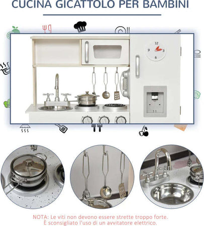 Cucina-Giocattolo-in-Legno-per-Bambini-con-Lavandino-e-Fornelli,-Pentole-e-Utensili-in-Acciaio,-74x30x81cm,-Bianco-ME7350-082ME7