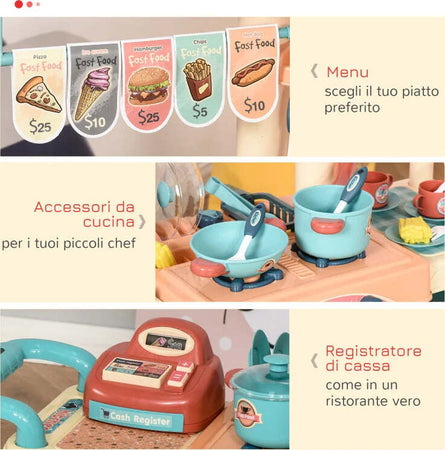 Cucina-Giocattolo-Per-Bambini-3-6-Anni,-Caffetteria-Ristorante-con-50-Accessori-Inclusi,-79.5-x-33-x-90.5cm-UJ8350-090UJ8