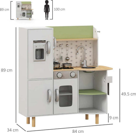 Cucina-Giocattolo-per-Bambini-3-6-Anni-con-Macchina-del-Ghiaccio-e-Utensili,-84x34x89-cm,-Bianco-e-Verde-TG7350-147V00WTTG7