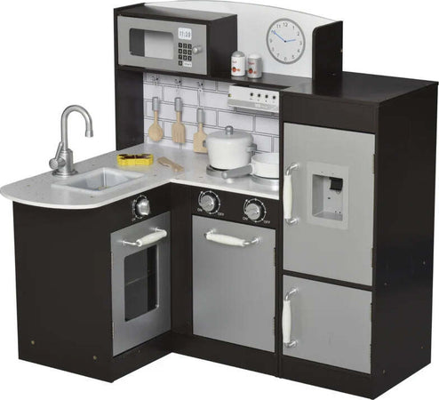 Cucina-Giocattolo-per-Bambini-in-Legno-con-14-Accessori,-Forno,-Lavandino,-Frigo-e-Microonde,-Età-3+-Anni,-86x64x84.5cm,-Argento-e-Marrone-IJ4350-079IJ4