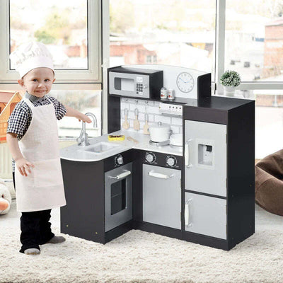 Cucina-Giocattolo-per-Bambini-in-Legno-con-14-Accessori,-Forno,-Lavandino,-Frigo-e-Microonde,-Età-3+-Anni,-86x64x84.5cm,-Argento-e-Marrone-IJ4350-079IJ4