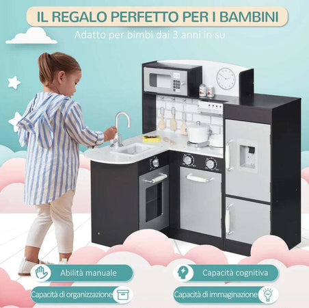 Cucina-Giocattolo-per-Bambini-in-Legno-con-14-Accessori,-Forno,-Lavandino,-Frigo-e-Microonde,-Età-3+-Anni,-86x64x84.5cm,-Argento-e-Marrone-IJ4350-079IJ4