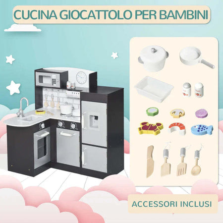 Cucina-Giocattolo-per-Bambini-in-Legno-con-14-Accessori,-Forno,-Lavandino,-Frigo-e-Microonde,-Età-3+-Anni,-86x64x84.5cm,-Argento-e-Marrone-IJ4350-079IJ4