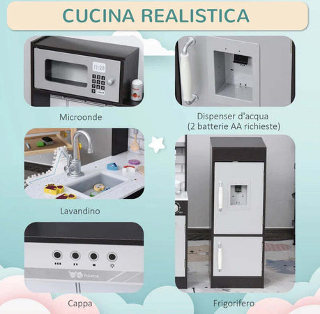 Cucina-Giocattolo-per-Bambini-in-Legno-con-14-Accessori,-Forno,-Lavandino,-Frigo-e-Microonde,-Età-3+-Anni,-86x64x84.5cm,-Argento-e-Marrone-IJ4350-079IJ4