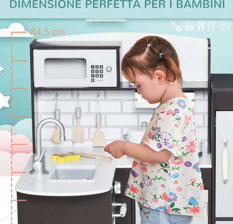 Cucina-Giocattolo-per-Bambini-in-Legno-con-14-Accessori,-Forno,-Lavandino,-Frigo-e-Microonde,-Età-3+-Anni,-86x64x84.5cm,-Argento-e-Marrone-IJ4350-079IJ4