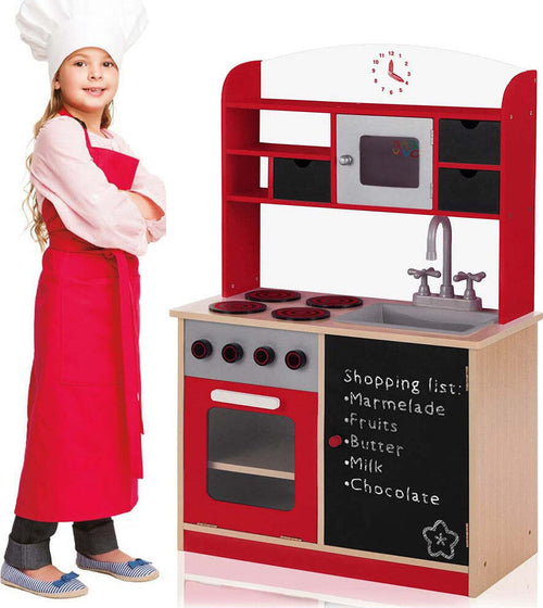 Cucina-Legno-Giocattolo-per-Bambini-con-Anta-e-Cassetti-Lavagna-60x30x90cm-Rosso