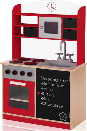 Cucina-Legno-Giocattolo-per-Bambini-con-Anta-e-Cassetti-Lavagna-60x30x90cm-Rosso