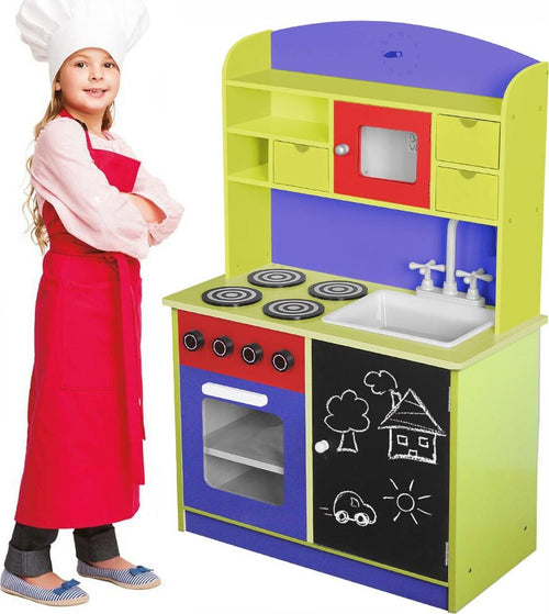 Cucina-Legno-Giocattolo-per-Bambini-con-Anta-e-Cassetti-Lavagna-Multicolore