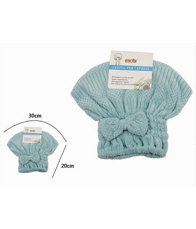 Cuffia Asciuga Capelli Asciugamano Doccia Morbido Assorbente Fiocco Azzurro 79628