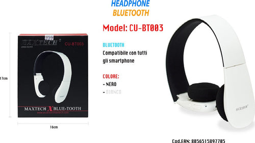 Cuffie Bluetooth Wireless Archetto Regolabile Microfono Pieghevoli Maxtech Cu-bt003 Elettronica/Cuffie auricolari e accessori/Cuffie/Cuffie Over-Ear Trade Shop italia - Napoli, Commerciovirtuoso.it