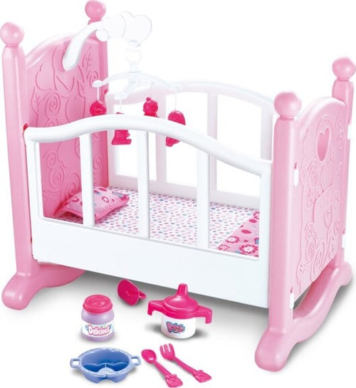 Culla-Per-Bambole-Lettino-Culletta-Bambolotto-Con-Giostrina-E-Accessori-Pappa