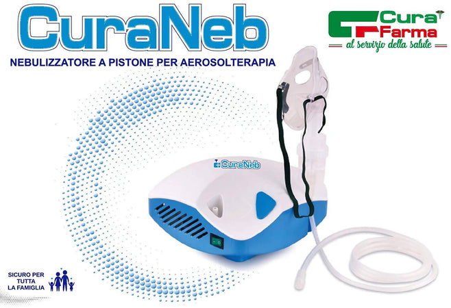 Curaneb aerosol a pistone portatile per bambini ed adulti - potente e silenzioso - completo di borsa per il trasporto ed accessori - tipo Nebula Curafarma