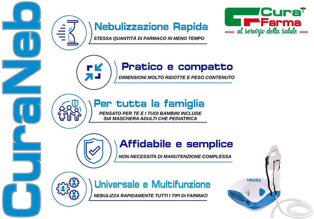 Curaneb aerosol a pistone portatile per bambini ed adulti - potente e silenzioso - completo di borsa per il trasporto ed accessori - tipo Nebula Curafarma