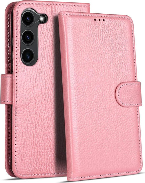 Custodia a Libro in Pelle Rosa per Samsung Galaxy S23 con Scomparti Interni e Stand