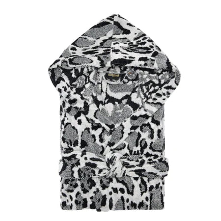 Accappatoio Roberto Cavalli Linx taglia XXL nero, in spugna di cotone, con cappuccio, cintura e tasche, fantasia animalier, morbido e Made in Italy.