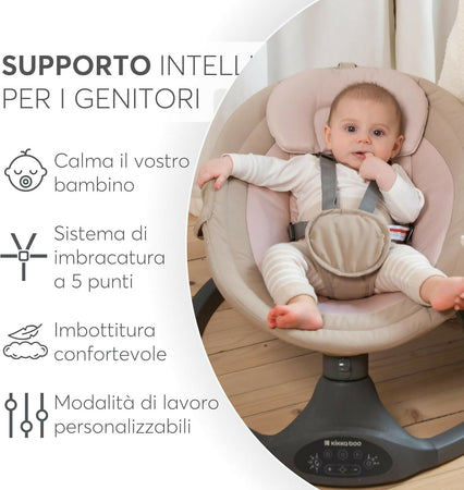 KIKKABOO Sdraietta Neonati Elettrica CODIE - Dondolo Elettrico per Neonati con Bluetooth, 5 Velocità, Schienale Regolabile, 10 Melodie, Fino a 9 kg, colore LIGHT GREY - GRIGIO CHIARO - con Telecomando - rilassante, calmante
