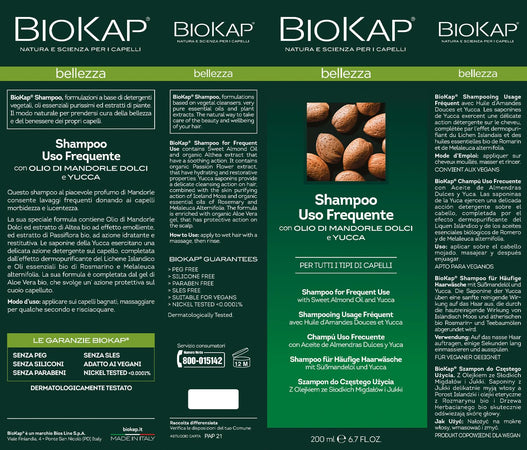 BIOKAP Shampoo idratante Uso Frequente, con Olio di Mandorle Dolci e Yucca Adatto a tutti i tipi di capellI, Rende i capelli luminosi, 200 ml - Naturopatica shop & therapy