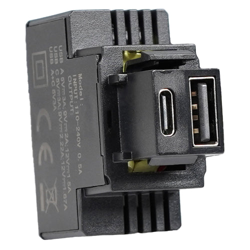 Alimentatore Compatto da Incasso Keystone USB-A e USB-C 20W 5-12V Nero