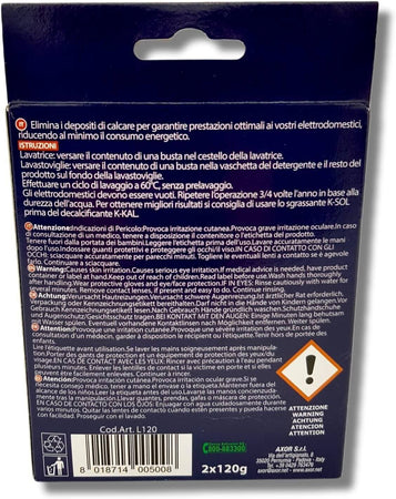 Decalcificante Lavatrice E Lavastoviglie In Polvere K-KAL Axor 2 Bustine Da 120 g